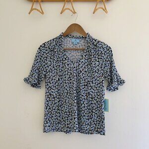 CeCe Blue Floral Frill Puff Sleeve Blouse XS NEW NWT Summer Cottagecore